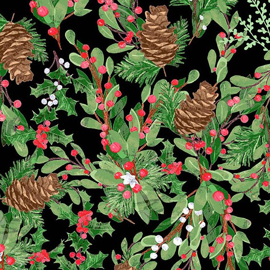 Snowbirds Winter Greenery Midnight by Two Can Art for Andover Fabrics