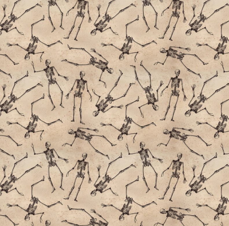 Gothic Halloween Skeletons Khaki by Dan DiPaolo for Clothworks
