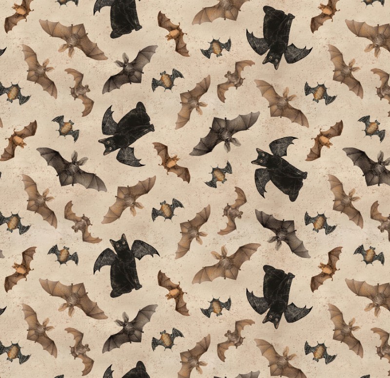 Gothic Halloween Bats & Cats Khaki by Dan DiPaolo for Clothworks