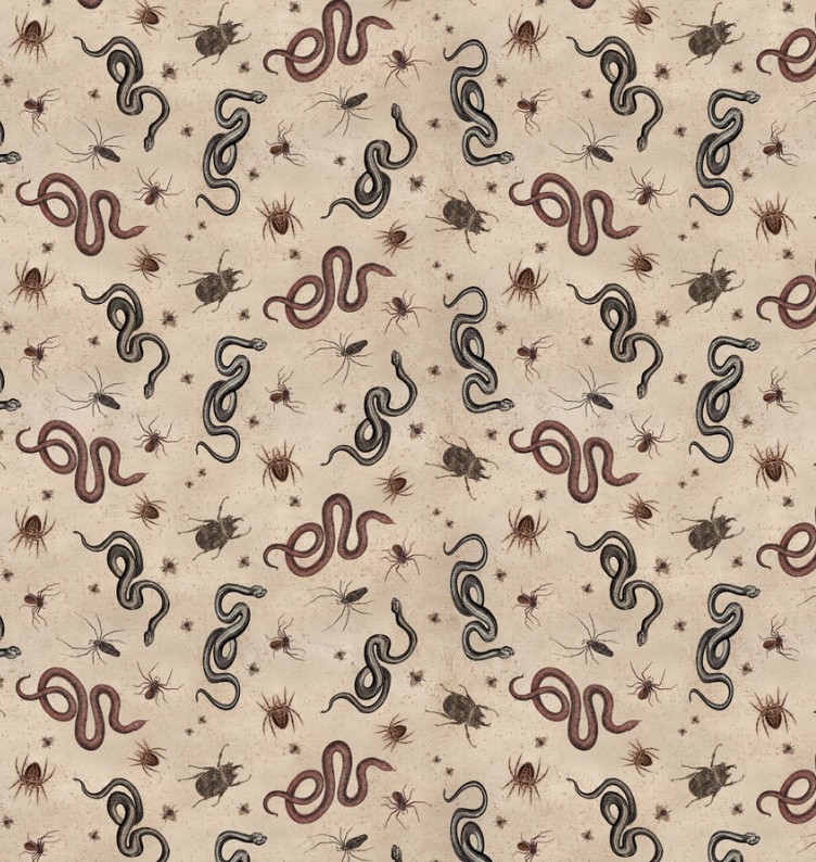 Gothic Halloween Snakes & Bugs Khaki by Dan DiPaolo for Clothworks