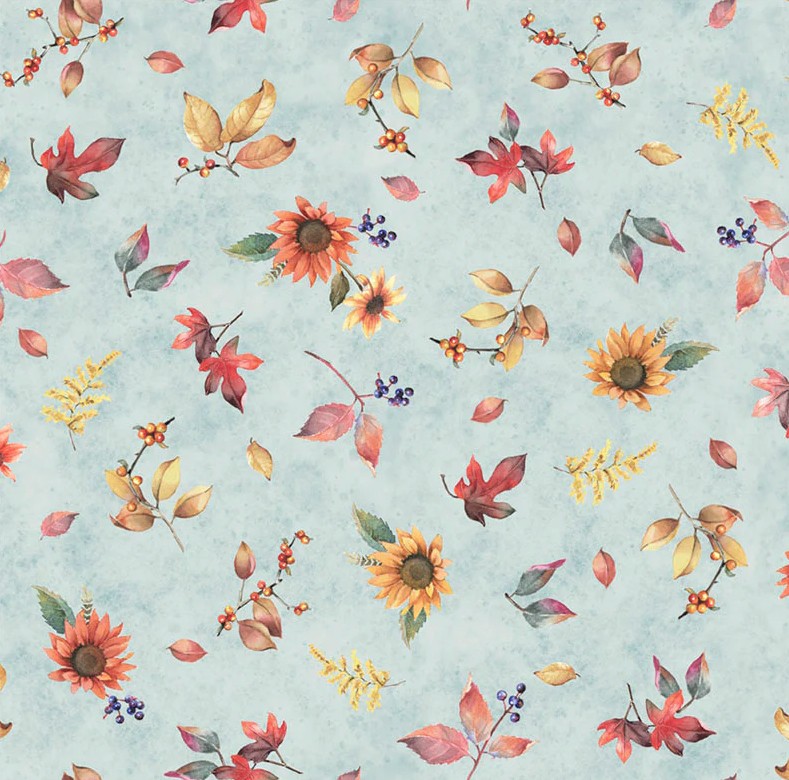 Bountiful Tossed Fall Flowers Light Blue by Sandy Clough for P&B Textiles