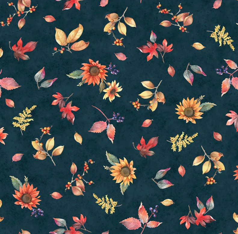 Bountiful Tossed Fall Flowers Dark Blue by Sandy Clough for P&B Textiles