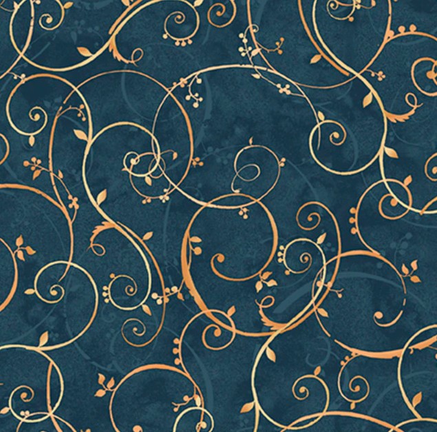 Bountiful Golden Scroll Navy by Sandy Clough for P&B Textiles