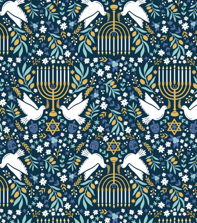 Happy Hanukkah Menorahs Navy Blue by Emily Elizabeth for Clothworks
