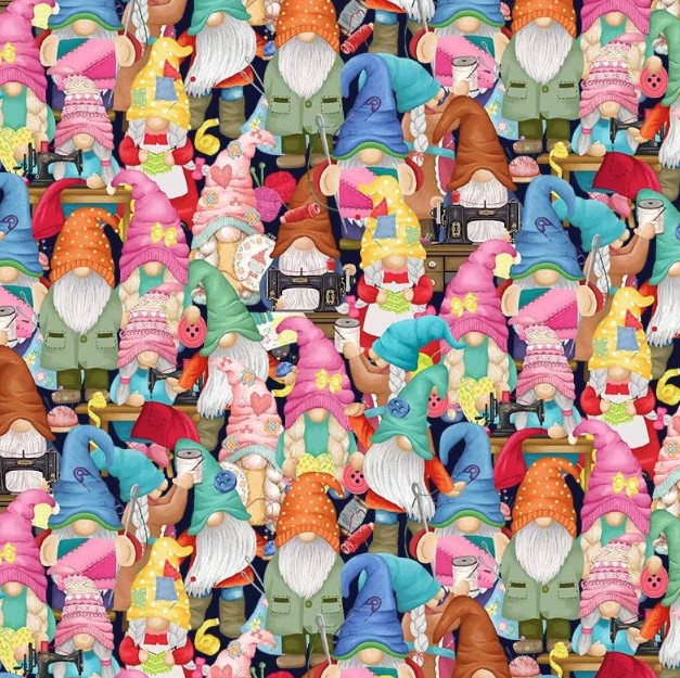 Sewing Mends the Soul Sew Many Gnomes Multi from Timeless Treasures
