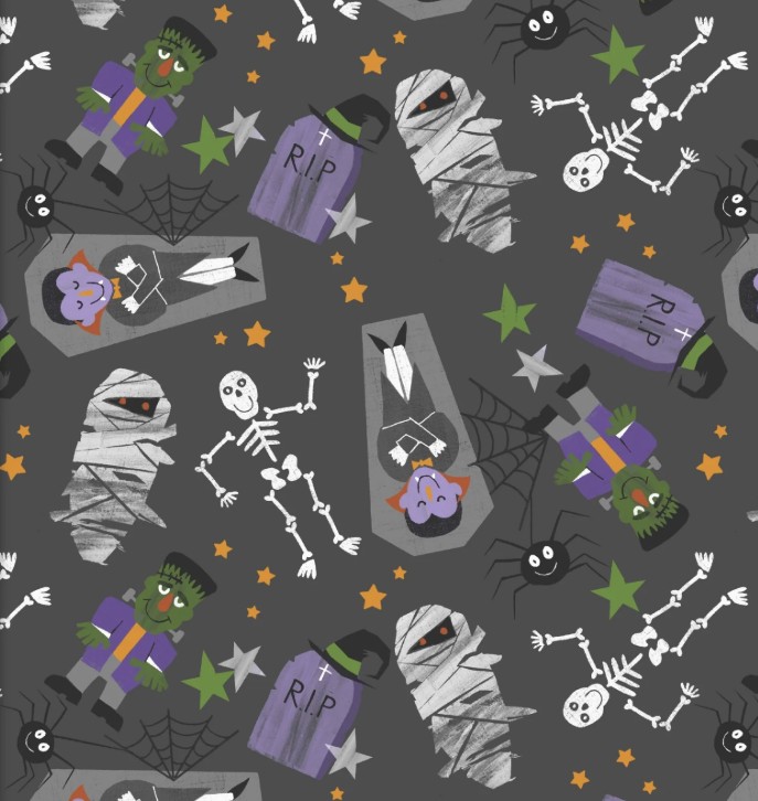 Monster Squad Monster Mash Charcoal by Scott Barnes for 3 Wishes Fabrics