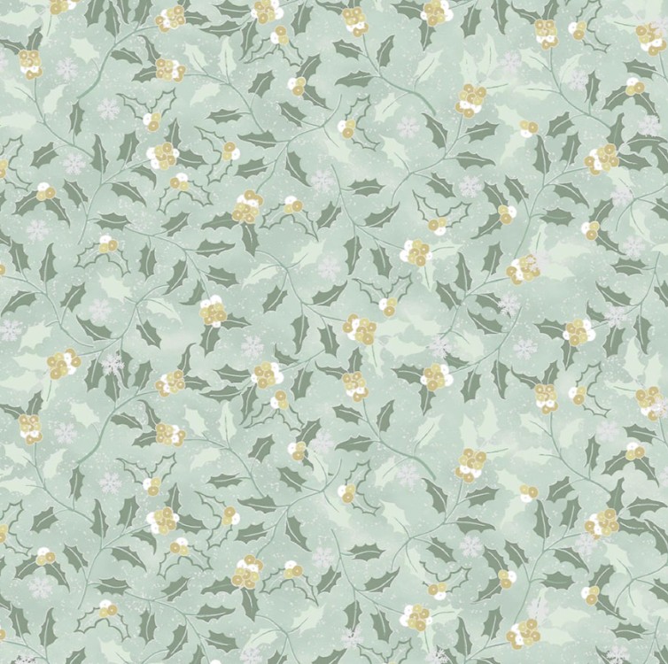 We Love Christmas Hollies with Metallic Dusty Green by Stof Fabrics for Blank Quilting