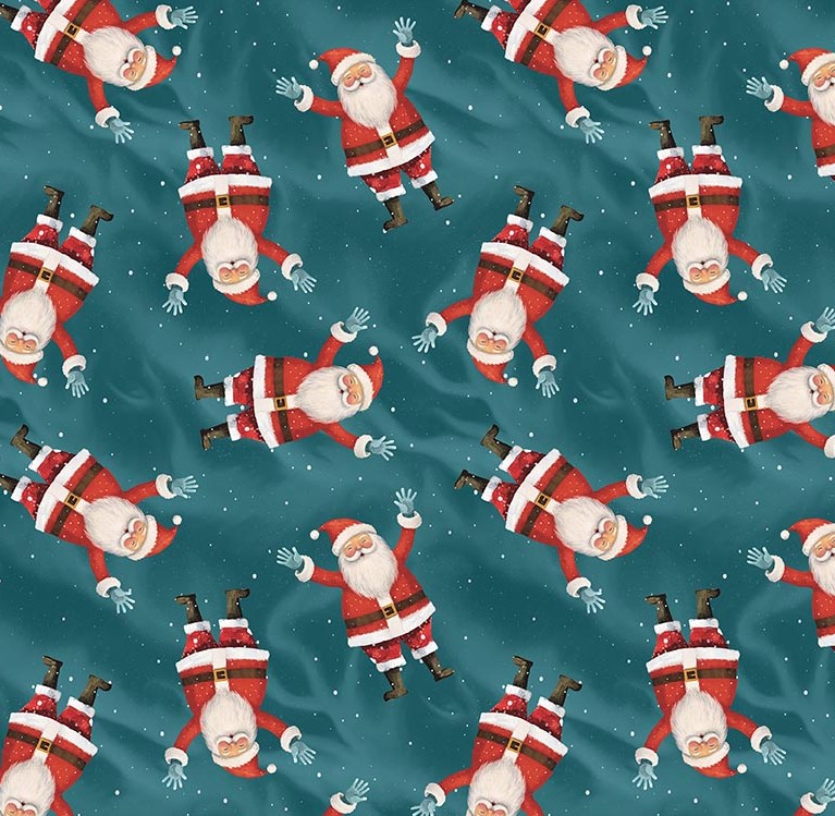 Comfort & Joy Tossed Santas Dark Aqua by Michael Ward for Blank Textiles