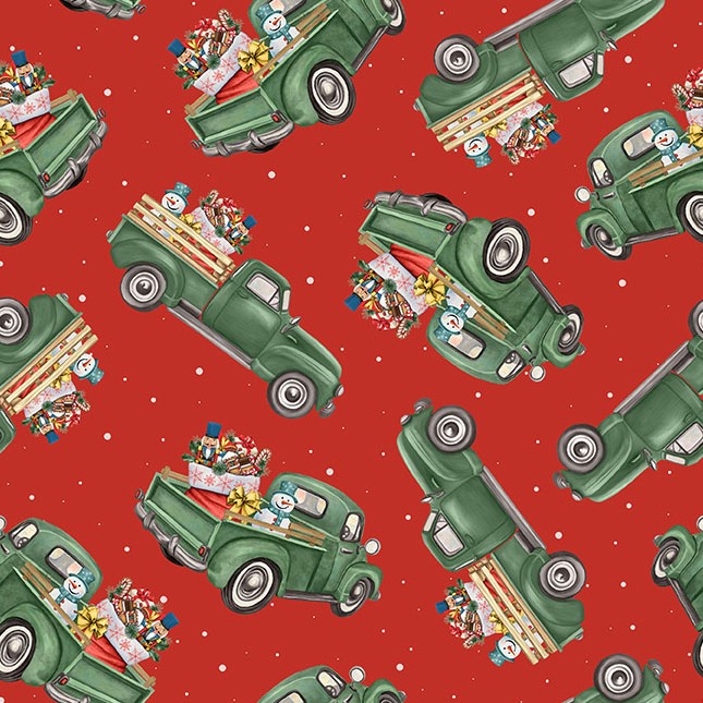 Comfort & Joy Green Trucks Red by Michael Ward for Blank Textiles