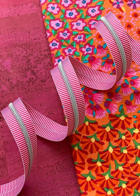 Pink Stripe Zipper Tape with Nickel Teeth from Sassafrass Design