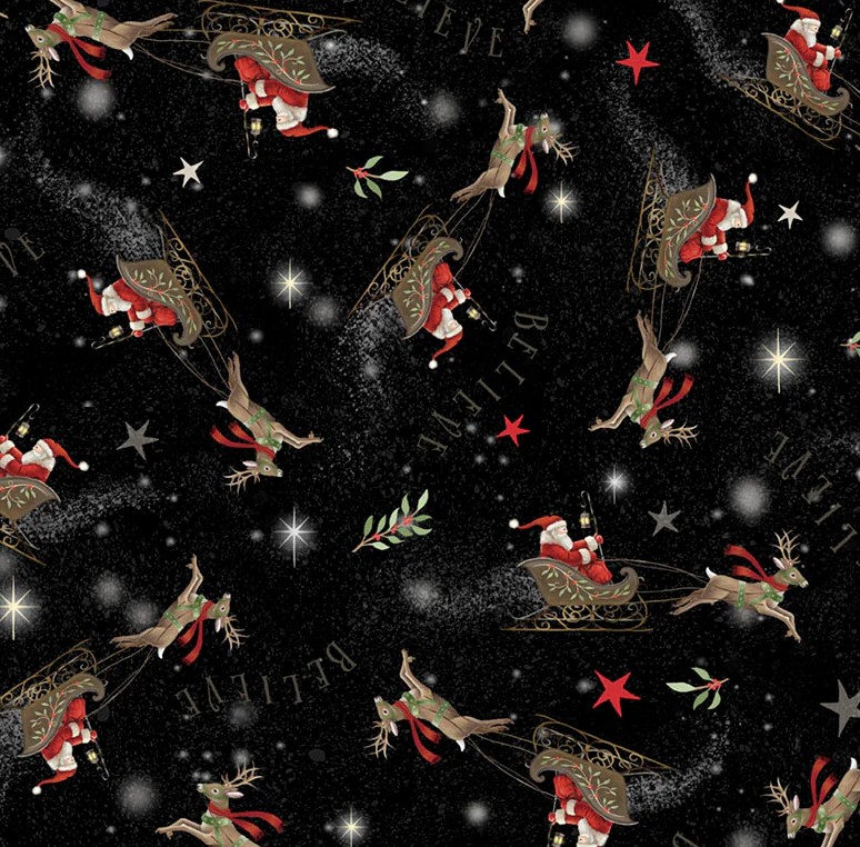 Believe Santa's Sleigh All Over Black by Sarah Summers for P&B Textiles