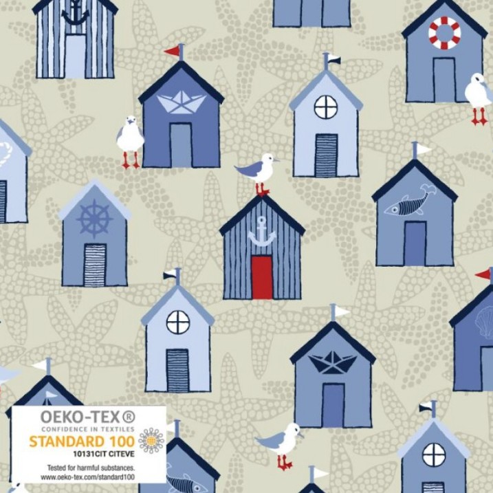 Saltwater Wave Beach House with Seagulls Cream by Stof for Blank Quilting