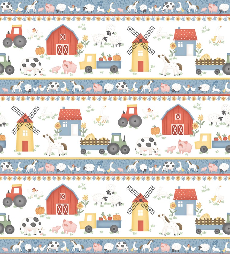 Quack Quack Moo Border Stripe White by Emily Wenk for Northcott Fabrics