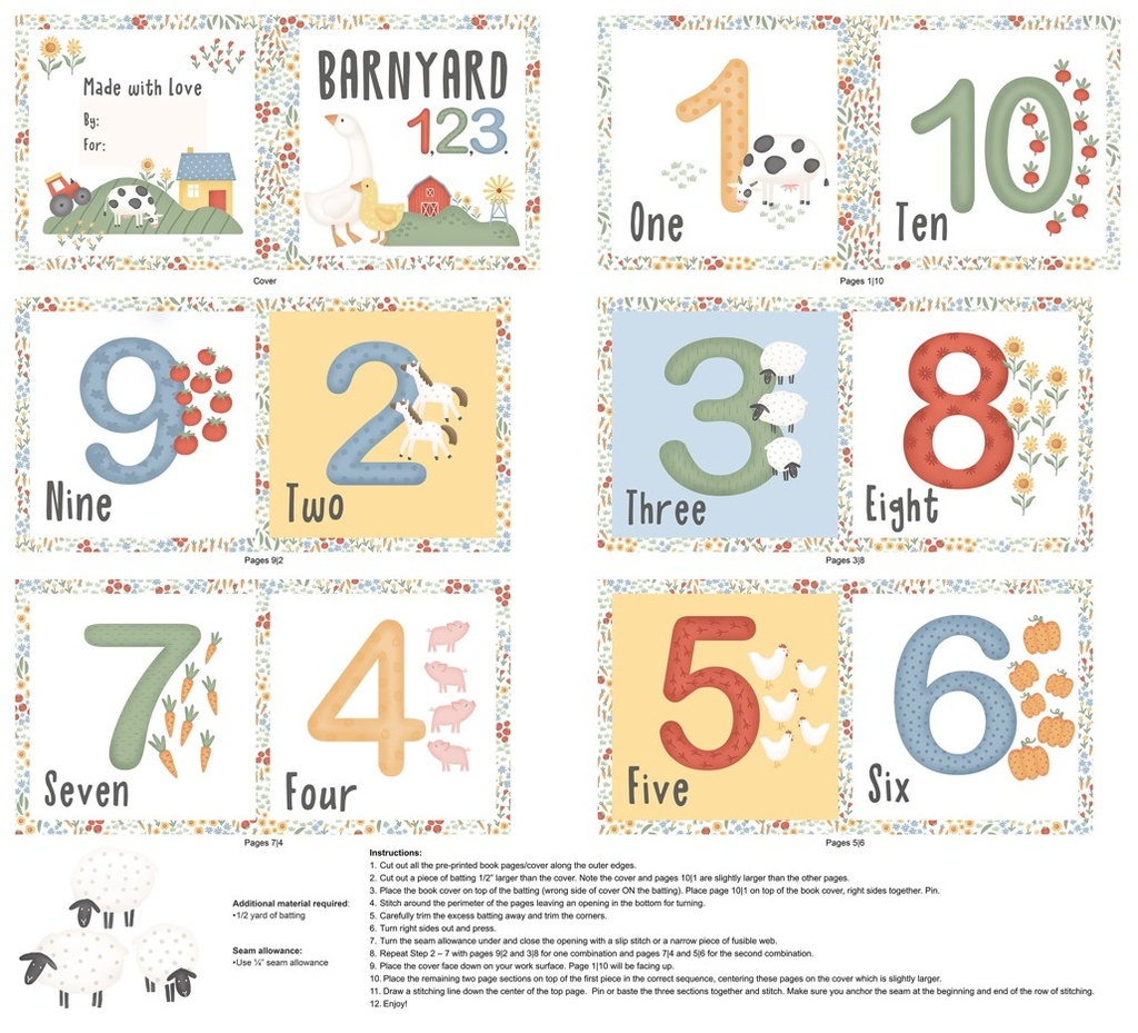 Quack Quack Moo Banyard 123 Book Panel by Emily Wenk for Northcott Fabrics