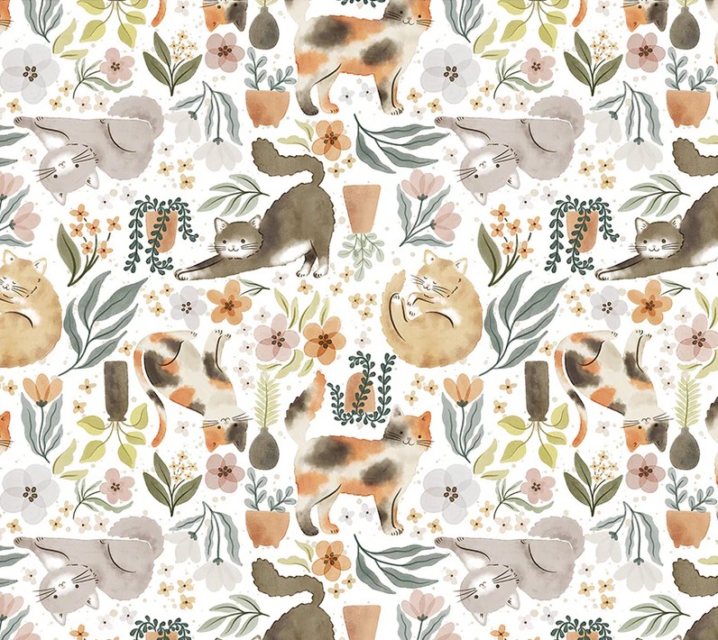 Petal and Purr Purrfect Plants White by Whistler Studios for Windham Fabrics