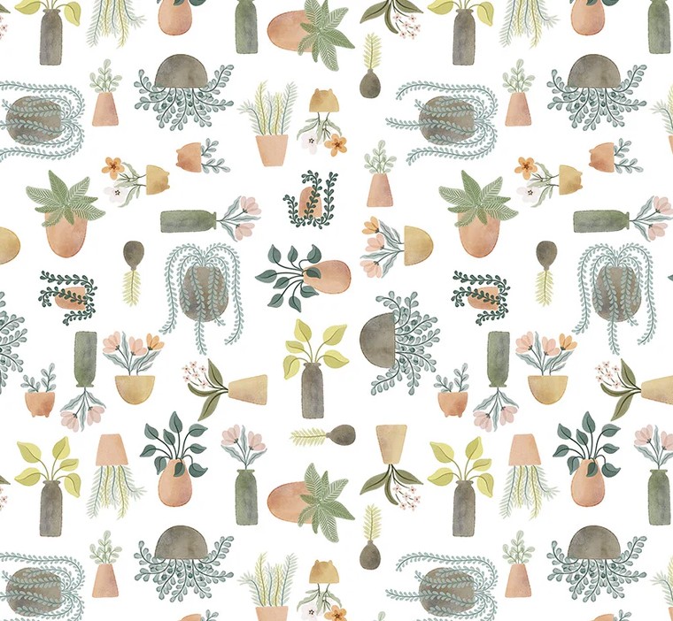 Petal and Purr Potted Plants White by Whistler Studios for Windham Fabrics