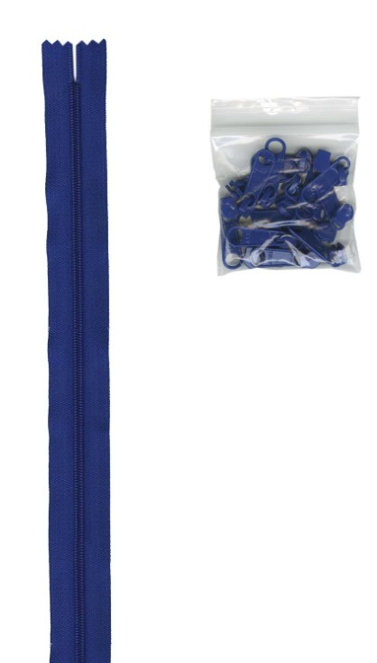 Four Yards of 16mm #4.5 Zipper Chain with Extra-Large Coordinated Blast Off Blue Zipper Pulls