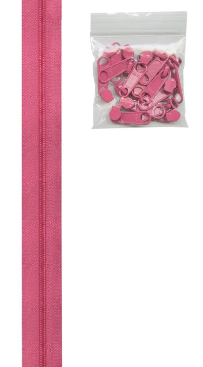 Four Yards of 16mm #4.5 Zipper Chain with Extra-Large Coordinated Raspberry Zipper Pulls