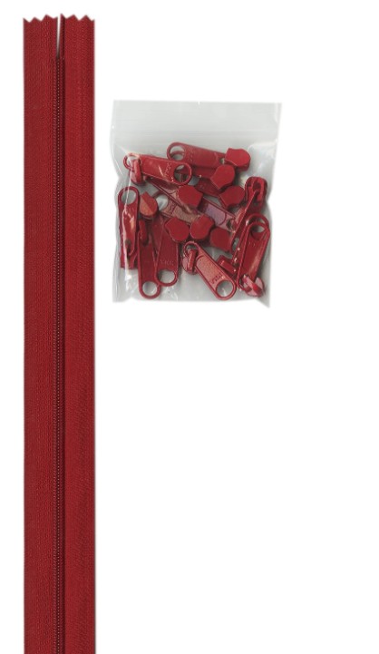 Four Yards of 16mm #4.5 Zipper Chain with Extra-Large Coordinated Hot Red Zipper Pulls