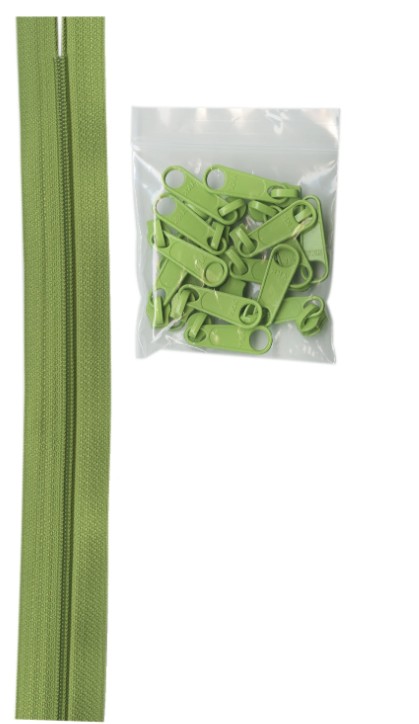 Four Yards of 16mm #4.5 Zipper Chain with Extra-Large Coordinated Apple Green Zipper Pulls