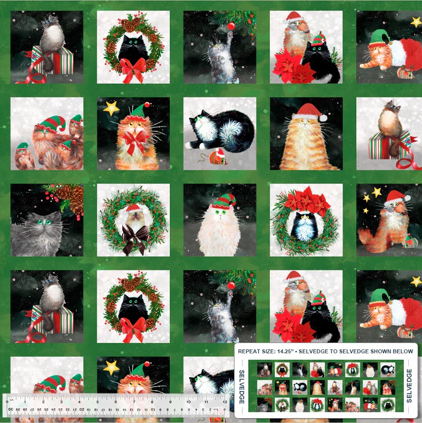 Meowy Christmas Festive Felines Pine by Kim Haskins for Windham Fabrics