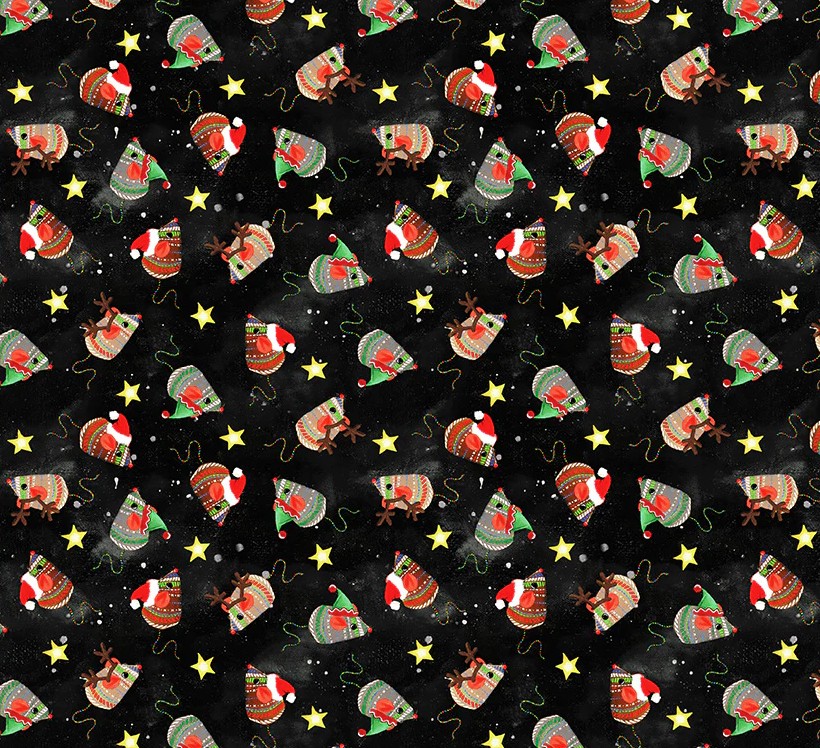 Meowy Christmas Jolly Mice Black by Kim Haskins for Windham Fabrics