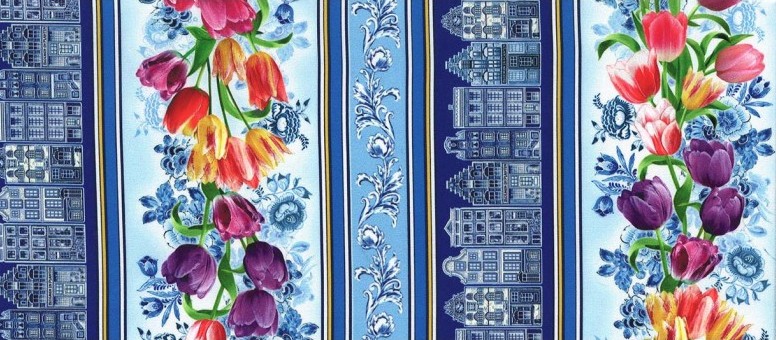 Spring in Delft Delft Blue House Stripe Multi from Michael Miller Fabrics