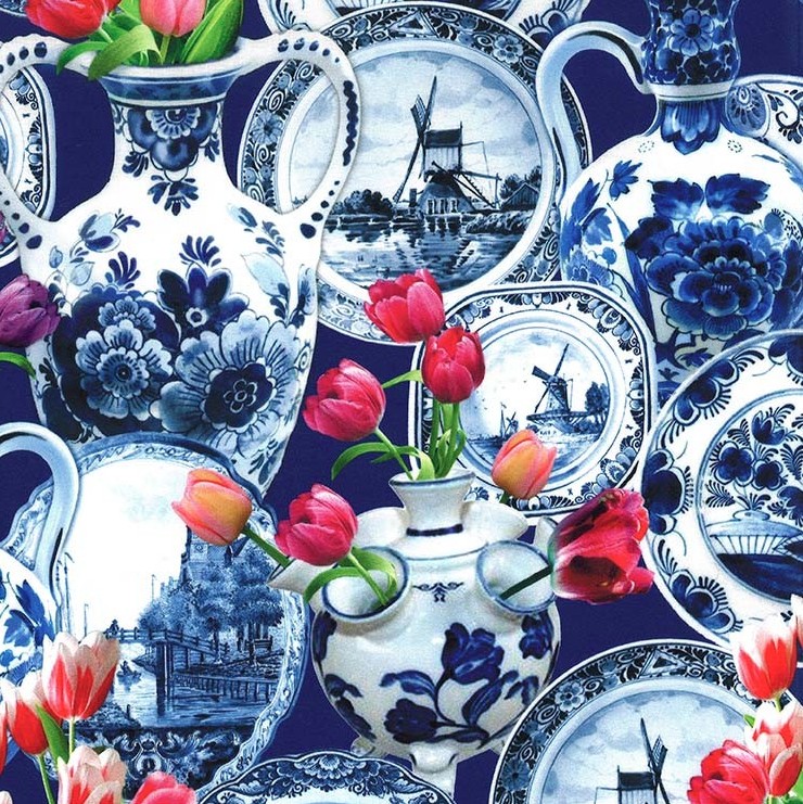 Spring in Delft Delft Still Life Royal from Michael Miller Fabrics