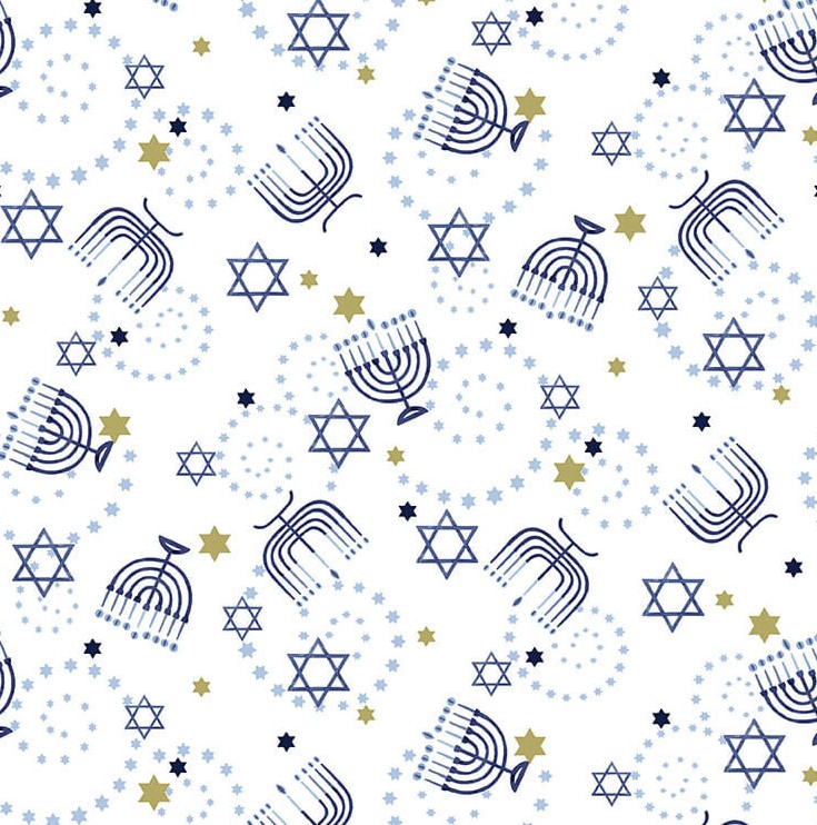 The Gift of Light Menorahs All-Over White by Victoria Borges for Studio E Fabrics