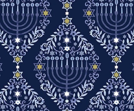 The Gift of Light Menorah Damask Dark Blue by Victoria Borges for Studio E Fabrics