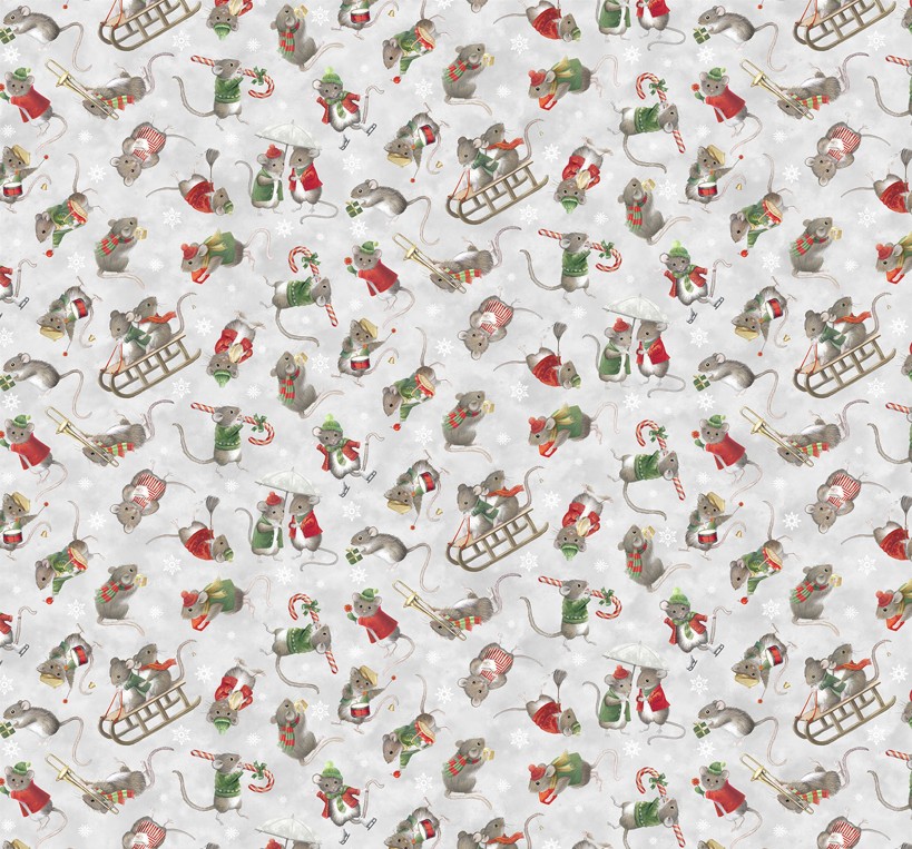 The Christmas Mouse Flannel Mouse Toss Gray by Sarah Summers for Northcott Fabrics