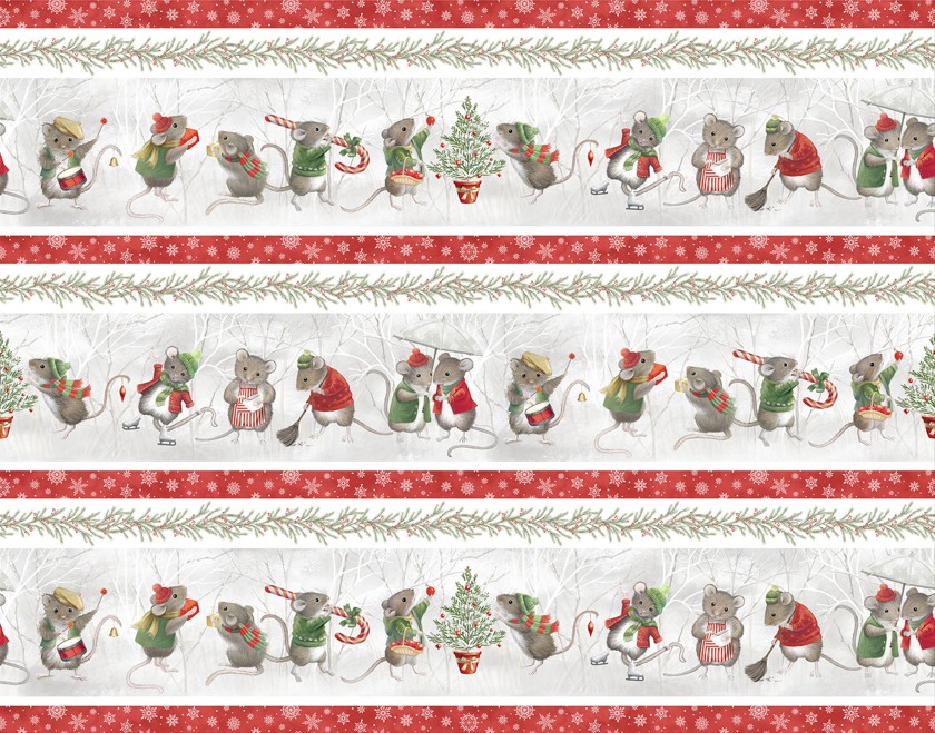 The Christmas Mouse Flannel Border Stripe Gray Multi by Sarah Summers for Northcott Fabrics