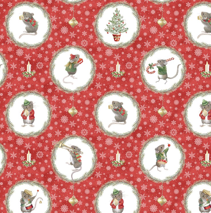 The Christmas Mouse Flannel Wreaths Red Multi by Sarah Summers for Northcott Fabrics