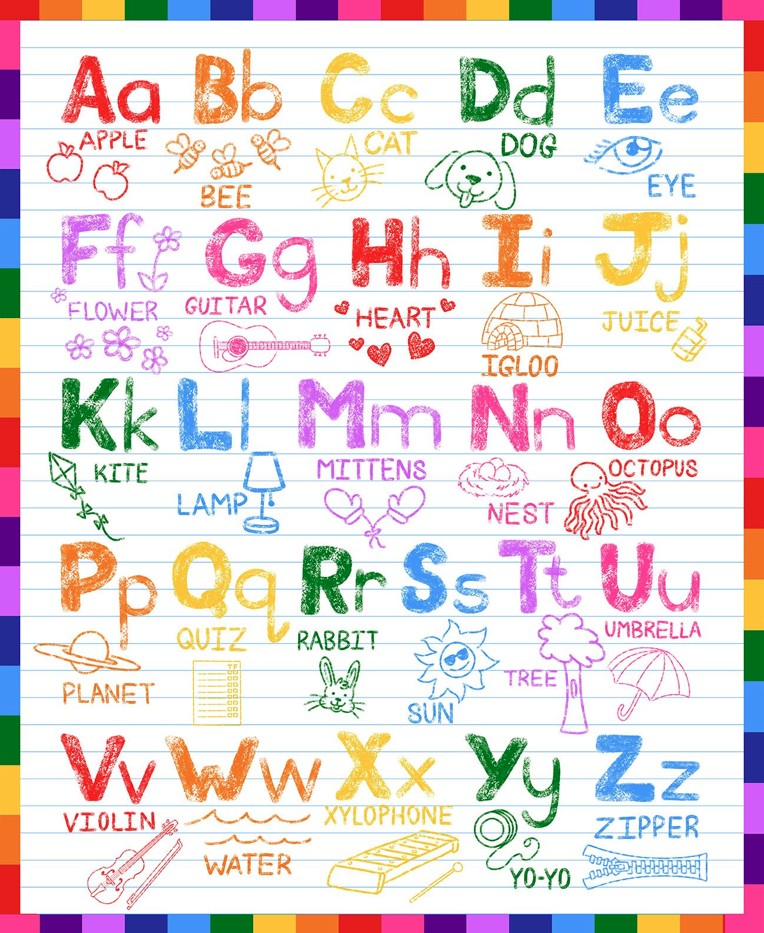 Color My World Alphabet Panel White by Hannah of Pencil & Ink Studios for Blank Quilting