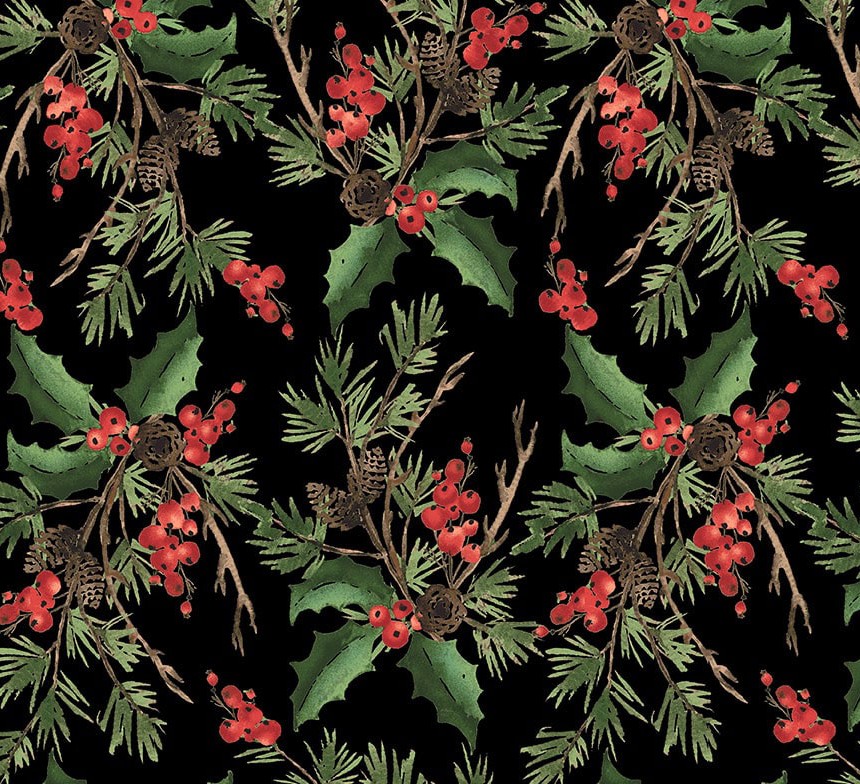 Berry Chic Holly Bouquet Black Wide Back by Pattern Wheel Studio for Henry Glass Fabrics