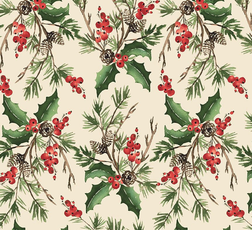 Berry Chic Holly Bouquet Cream Wide Back by Pattern Wheel Studio for Henry Glass Fabrics