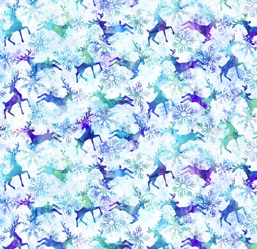 Midwinter Magic Reindeer Prance White Multi by Deborah Edwards & Melanie Samra for Northcott Fabrics