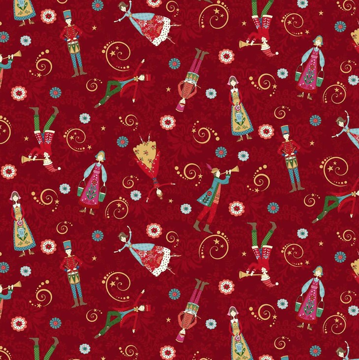 Scandinavian Holiday Folk Art People Toss Red by Mary Jane Carey for Henry Glass Fabrics