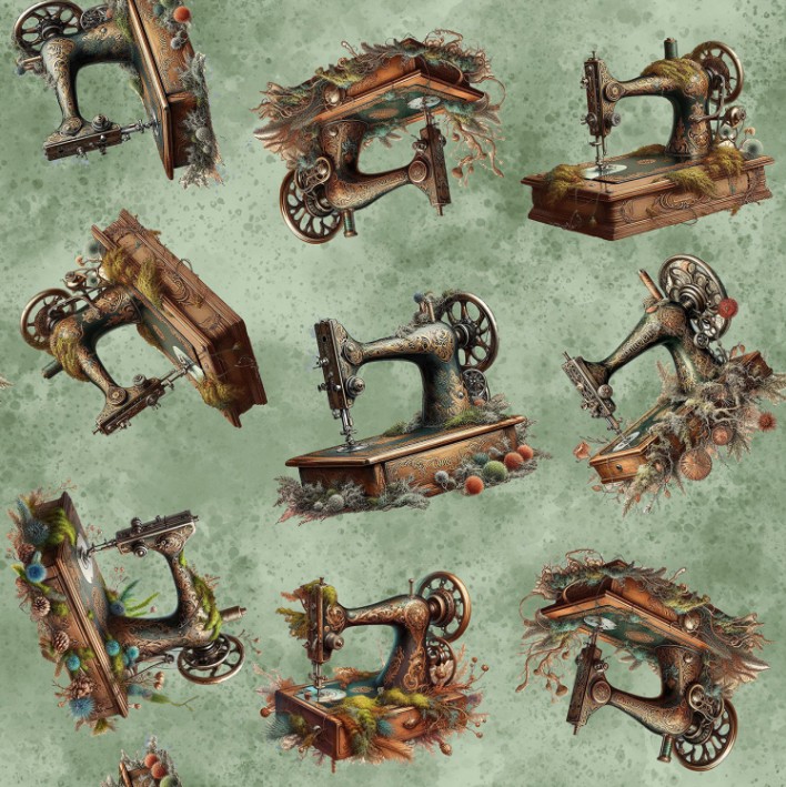 Forget Me Not Sewing Machines Sage by Marilyn Lee for Blank