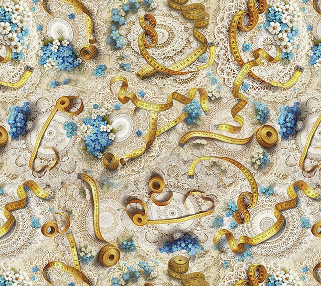 Forget Me Not Doilies & Tape Measures Ecru by Marilyn Lee for Blank