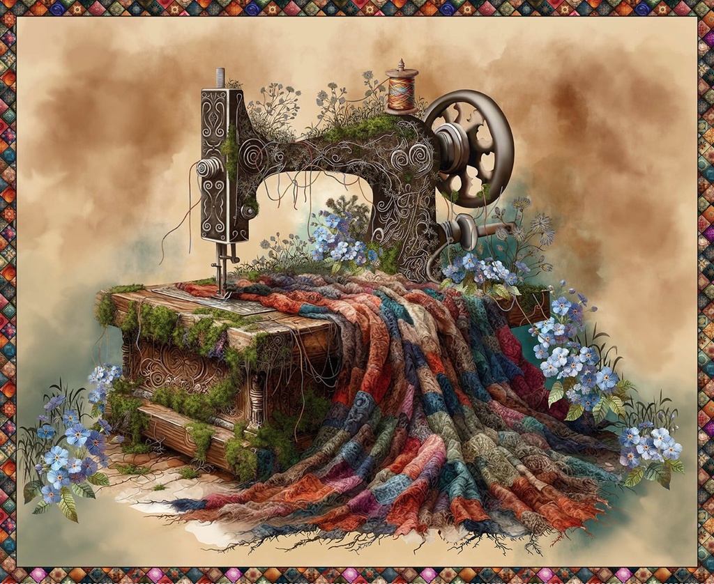 Forget Me Not Sewing Machine Panel Tan by Marilyn Lee for Blank