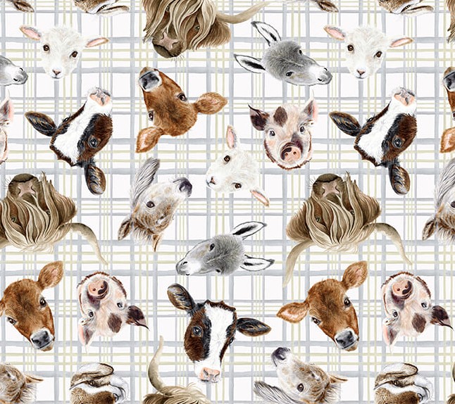 Little Seedlings Farm Animal Heads White Plaid by Moque Lee for Blank Quilting