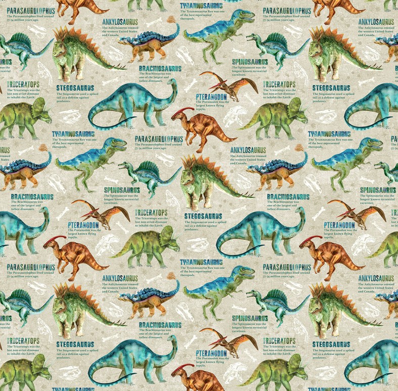 Dino Roar Dino with Words Beige by Brett Blumenthal for Northcott Fabrics
