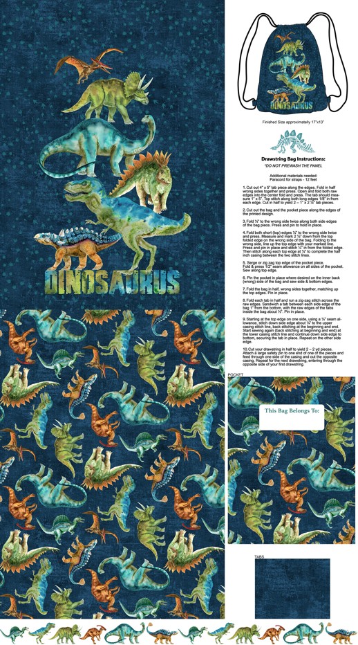Dino Roar Dino Bag Panel Navy by Brett Blumenthal for Northcott Fabrics