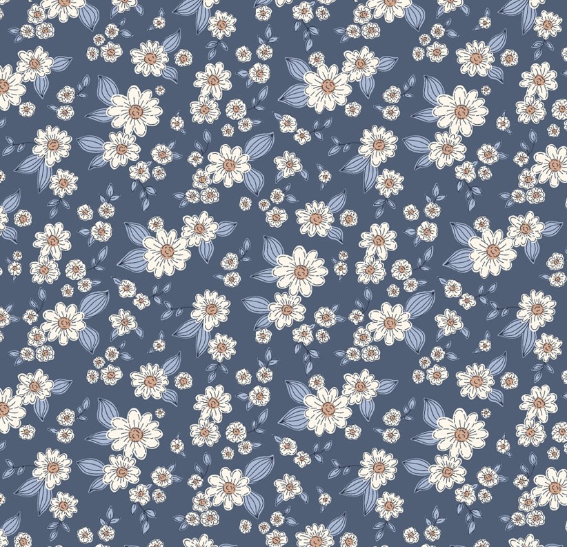 Kitten Fun Floral Dark Denim by Julia Khimich for Clothworks