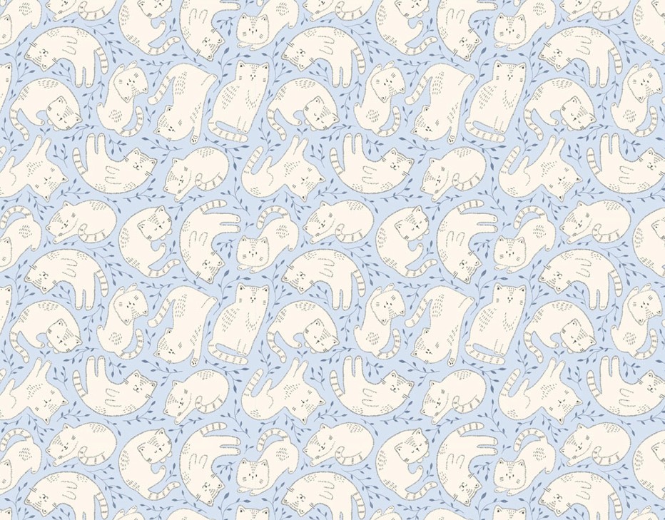 Kitten Fun Tossed Kittens Light Denim by Julia Khimich for Clothworks