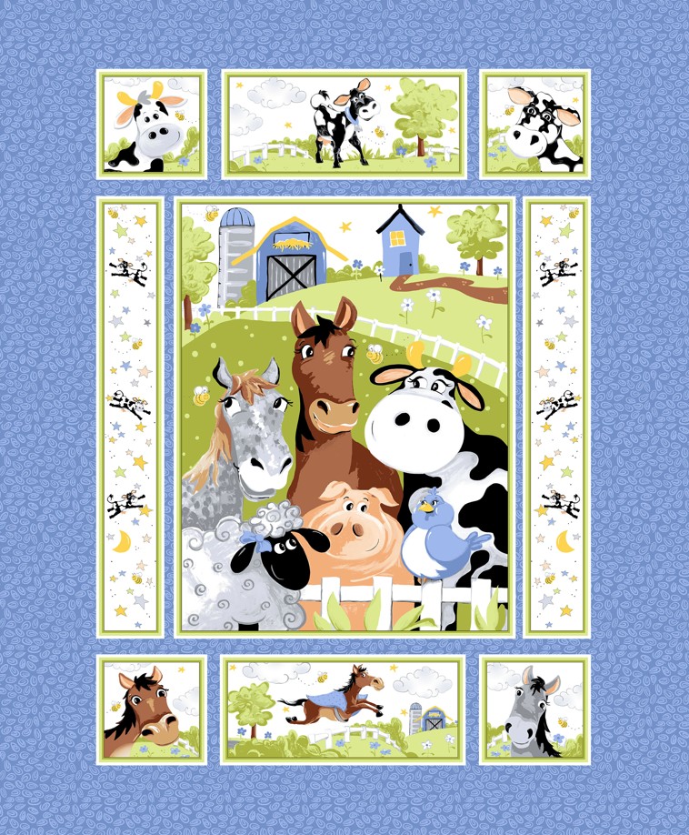 Barnyard Blues Animal Panel by Susybee for Clothworks