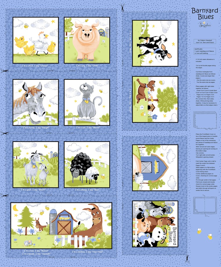 Barnyard Blues Soft Book Panel by Susybee for Clothworks