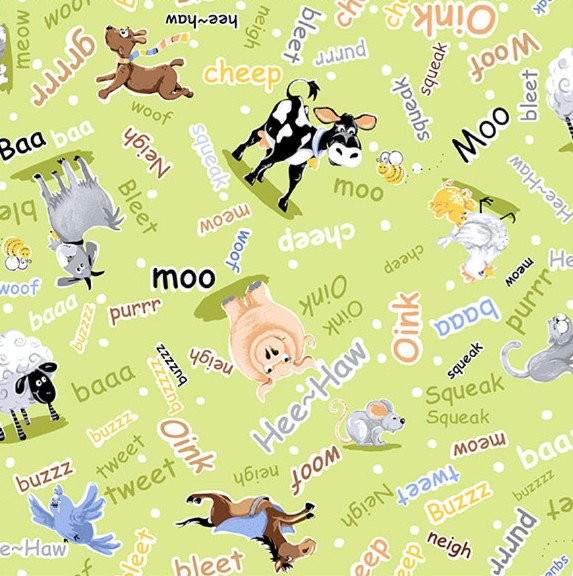 Barnyard Blues Noises Lime by Susybee for Clothworks