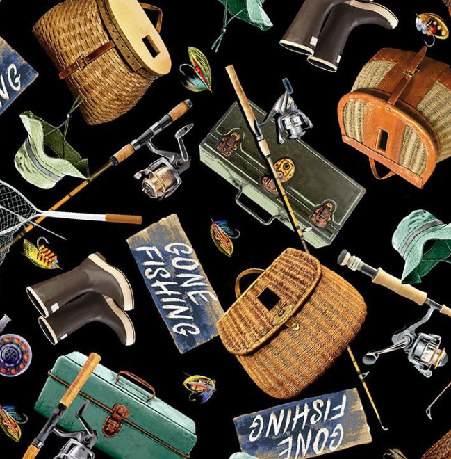 Woodland Retreat Fishing Gear Black from Timeless Treasures